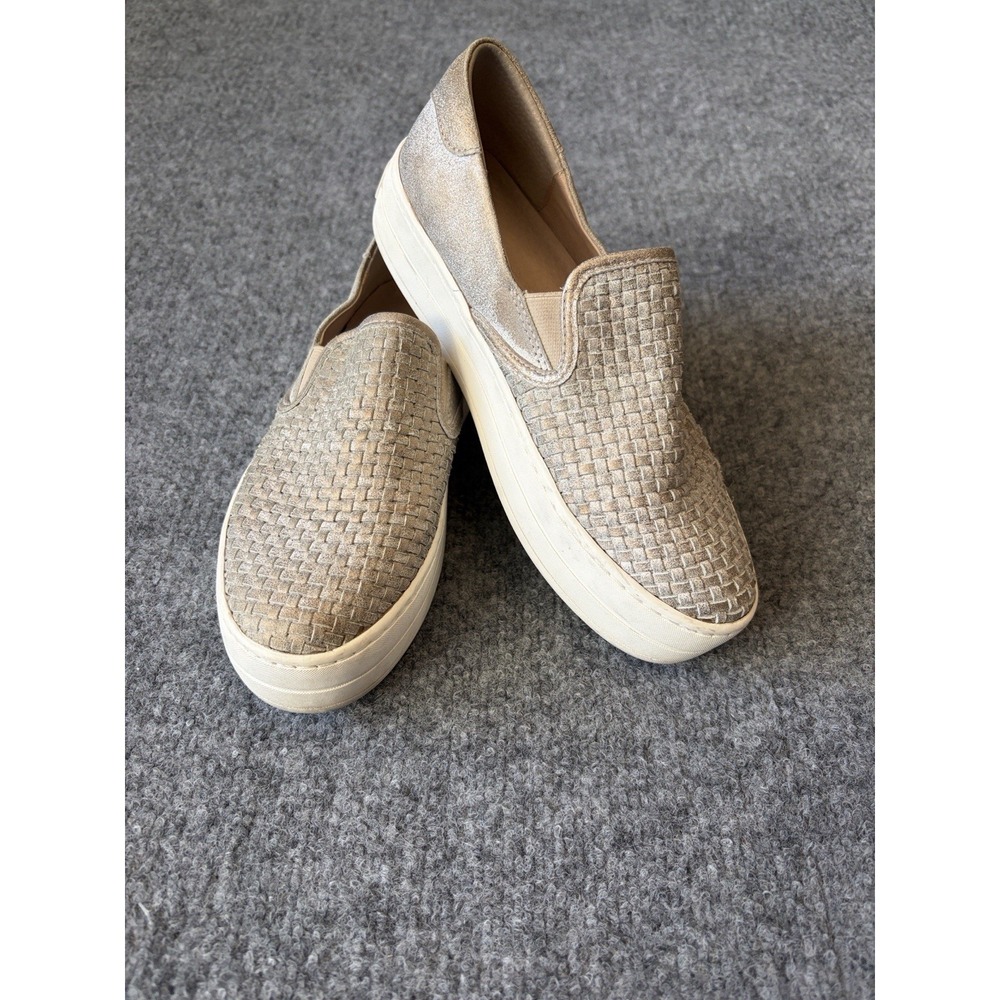 J/Slides Sneakers Slip-On Women 6.5 Tan Woven Leather Platform Travel Casual